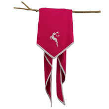 Lade das Bild in den Galerie-Viewer, Dreieckstuch aus Merinowolle in hellrot mit hellgrauer Einfassung dekorativ über Ast gehängt
